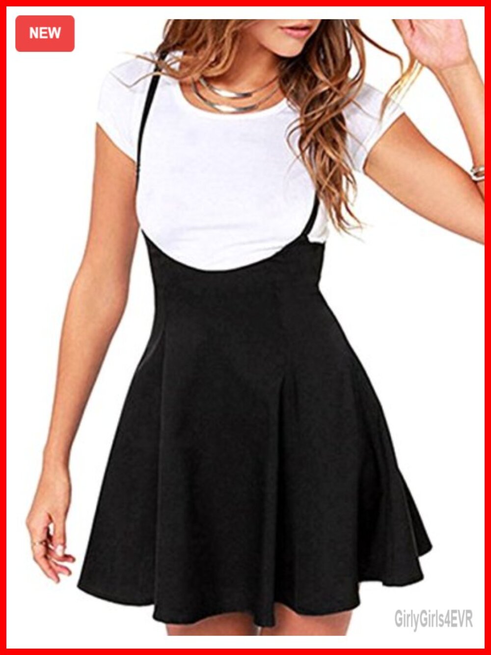 High Waist A-Line Mini Skirt Adjustable Suspenders Flared Hem